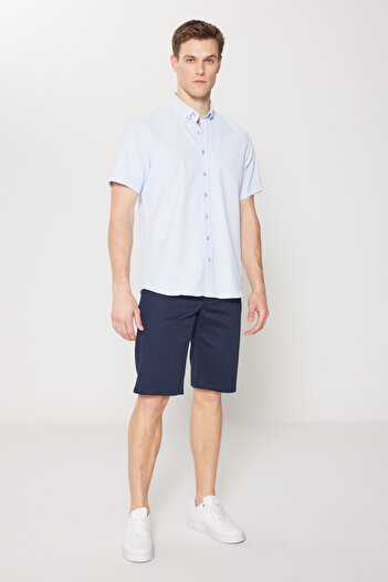 AC&Co / Altınyıldız Classics Men's Blue Slim Fit Narrow Cut Button Collar Seersucker Patterned Shirt