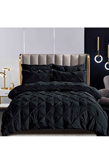 JOJO HOME Double Bed Linen Set, Jojo Home, Uni, Embroidered Pleats Model, 6 Pieces, Finet, 160x200cm, Black