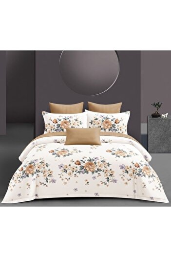 OEM Lenjerie de Pat, Bumbac Satinat, 4 piese, 2 persoane, Imprimeu Trandafiri, 180x200cm, Bej Nuante