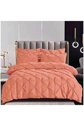 JOJO HOME Lenjerie de pat dublu, Jojo Home, Uni, Model Pliuri Brodate, 6 piese, Finet, 160x200cm, Corai