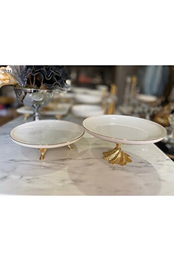 Sillage Home Set of 2 Gold Gilded Porcelain Pit Serving Plates, Presentation Set -26 cm