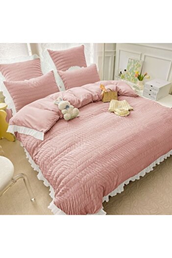 JOJO HOME Double Bedding Set, Jojo Home, Creased Cotton, 6 Pieces, 230x250cm, Powder Pink