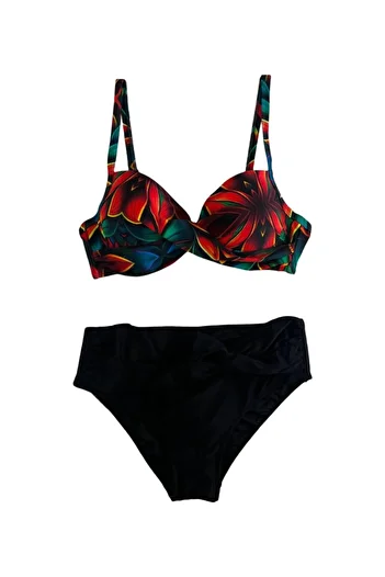 hazelin Women's Black Red Floral Patterned Lined Plus Size Bikini Set Hzl25S-Lc24108