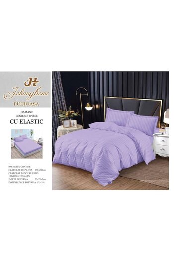 OEM Double Bedding Set with Elastic Fitted Sheet, Damask, 4 Pieces, Single Use, Uni, 140x200cm, Lilac