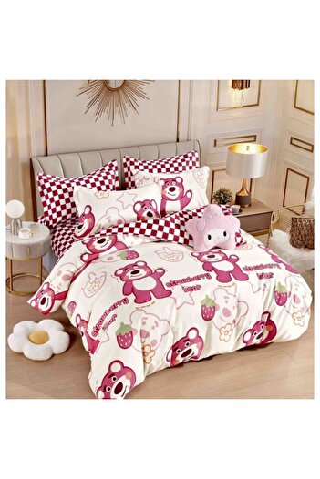 JOJO HOME Double bed linen with elastic, Strawberry Bear, 6 pieces, 2 persons, 180x200cm, Finet Supe
