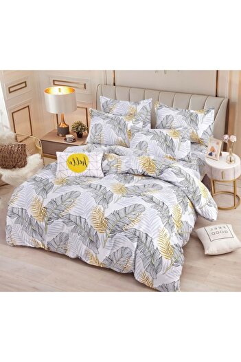 JOJO HOME Lenjerie de pat, Jojo Home, Imprimeu Pene Bicolore, 6 piese, 2 persoane, 245x250cm, Finet Superior
