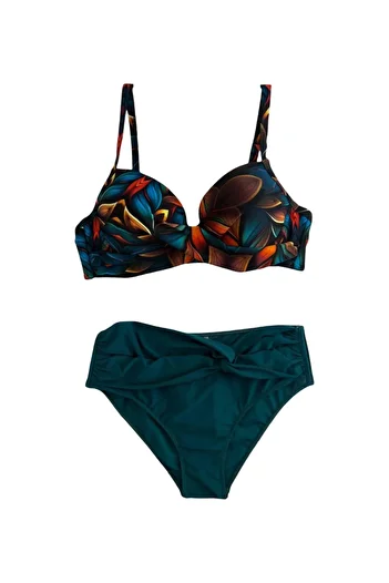 hazelin Women's Petrol Green Floral Patterned Lined Plus Size Bikini Set Hzl25S-Lc24108