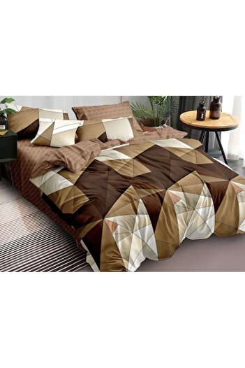 Pucioasa Double Bed Linen, Pucioasa, Finet, 6 Pieces, 2 Persons, Abstract Print, 245x250cm, Brown-Beige