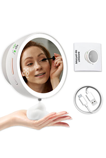 GlowforHome Dispenser sapun lichid spuma automat GlowforHome, LED oglinda, senzor miscare, 3 dozari, USB-C, alb