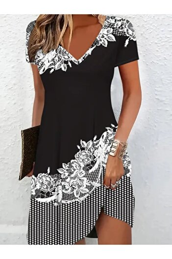 buğrahayalin Women's Short Sleeve V Neck Floral Printed Single Jersey Dress