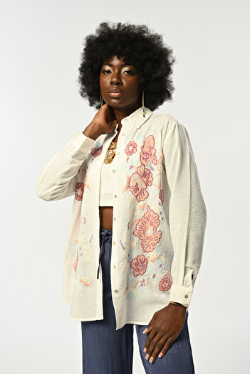 Orfeo Negro Women's Ecru Color Oversize Shirt with Flower Embroidery on the Front
