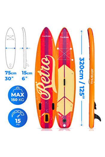 Thunder Retro Inflatable SUP Board, 320x75x15cm, Set With Backpack, Seat, Pump, Multicolor