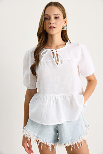 Bianco Lucci Women's Collar Tie-Up Muslin Blouse with Elastic Sleeves 4715 60283498