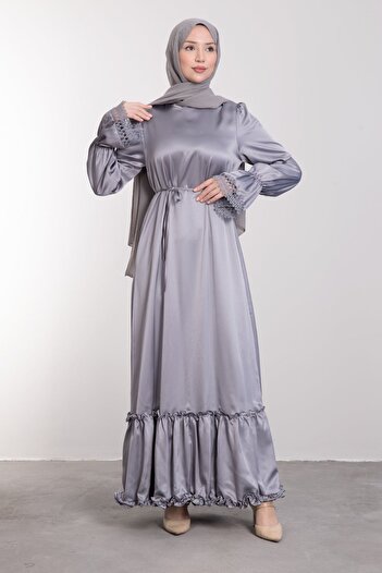 STİLZERAFET Double Ruffled Guipure Detailed Satin Hijab Evening Dress