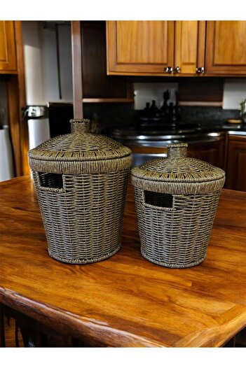 Bayev Acacia 2-Piece Medium and Mini Size Wicker Lid Potato Onion Basket Set Presentation Crisper Laundry Basket