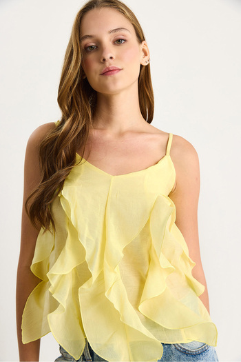 Bianco Lucci Women's V Neck Ruffle Flounced Strap Blouse Lightweight See-Through Blouse 60283511