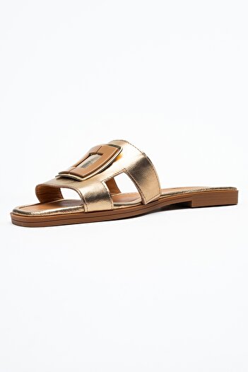 LuviShoes MİLLİE Altın Hakiki Deri Tokalı Kadın Terlik