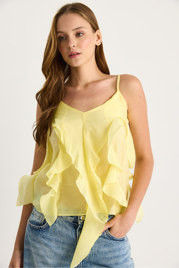 Bianco Lucci Women's V Neck Ruffle Flounced Strap Blouse Lightweight See-Through Blouse 60283511