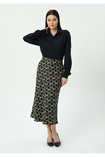 Guzella Premium Midi (85cm) Length Satin Jacquard Geometric Patterned Elasticated Skirt