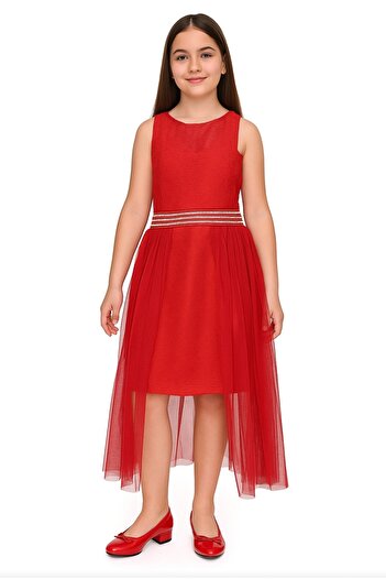 MENSİS Girl's Back Elastic Zipper and Button Closure Stone Belt Guipure over Tulle Dress