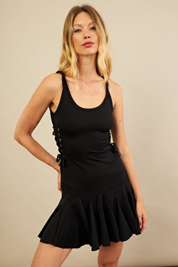 Cool & Sexy Women's Black Bird Eye Ruffle Midi Dress Yel221710