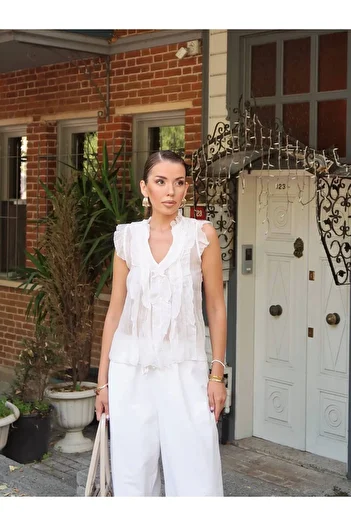 Lusin Women's White Luxury Quality Ruffled Sleeveless Transparent Shirt