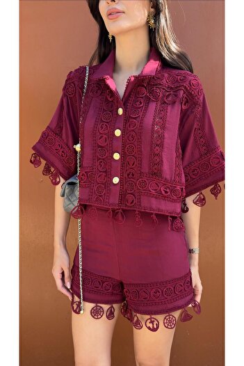HAZELANNA Nakışlı Şort-Gömlek Premium Bordo Takım