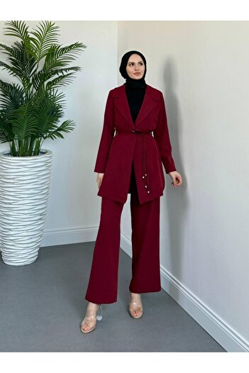 Modamorfo Double Breasted Collar Double Lace Jacket Trousers Suit - Burgundy