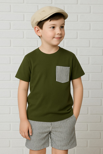 Yalçınoğlu Kids Boy's Suit I Children's Summer Suit I T-Shirt and Striped Shorts Combination Pocket Detail I Children's Clothing