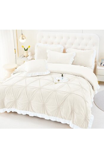 OEM Double Bed Linen, Uni, Heart Embroidery Model, 6 pieces, Finet, 230x250cm, Off-White