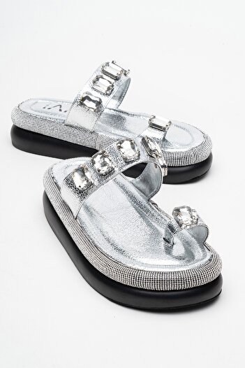 LuviShoes Evans Silver Stone Flip Flops Thick Soled Women's Slippers