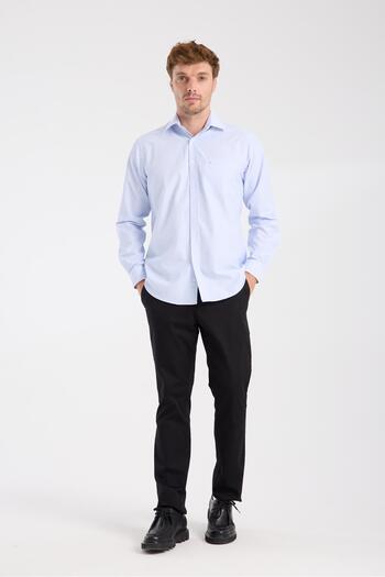 Abbate AClub Aclub Ac10075 Poplin Cotton Blend Regular Fit Light Blue Classic Collar Men's Striped Shirt