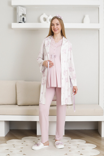 ERDENİZ TEKSTİL Patterned Maternity Pajamas and Dress Set / Cotton-Viscose Fabric / Adjustable Waist