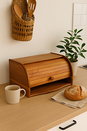 Fhilli Tohana Acacia Wood Bread Box – Natural Roll Lid Bread Box
