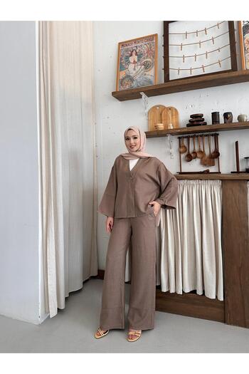 onlymoon Women's Clothing Brown Oversize Linen Set, 2-Piece Set