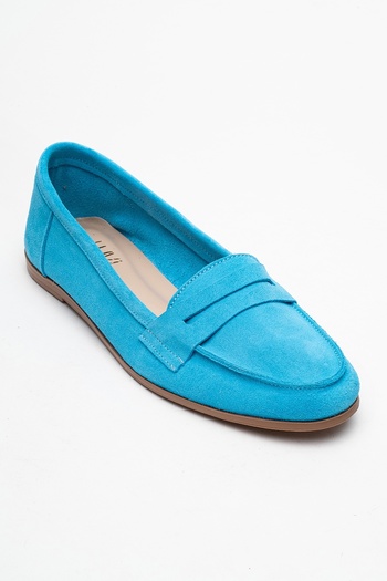 LuviShoes F02 Açık Mavi Süet Hakiki Deri Kadın Loafer Ayakkabı