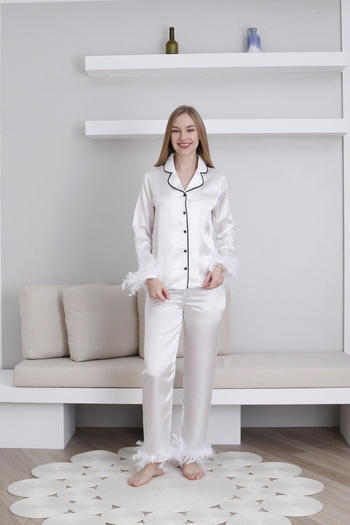 Lohussa Women's Satin Special Design Front Buttoned Feather Pajama Set