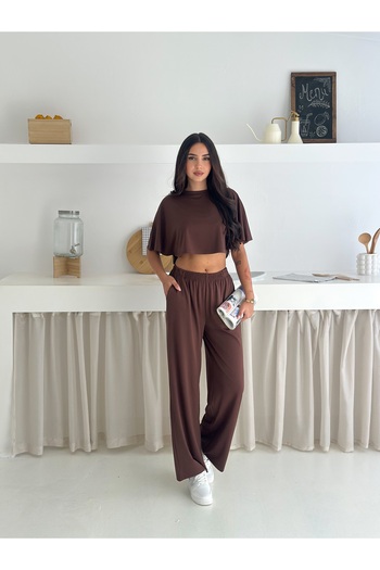 winmoda Summer Soft Textured Bottom Top Set / Top Bat Tshirt - Bottom Baggy Long Pants