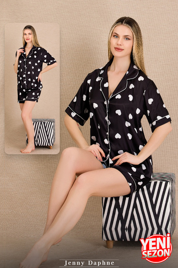 Jenny Daphne Satin Black Color Heart Patterned Short Sleeve Satin Pajama Set with 2 Shorts 15011