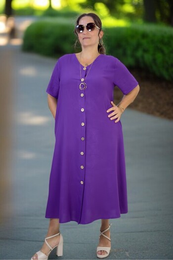 yagmurberen Yandan Pocketed Belt Full Button Detail Short Sleeve Cotton Viscosin Large Size Dress