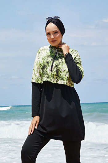EBRUTESETTÜR Half Zipper Palm Pattern Hijab Swimsuit
