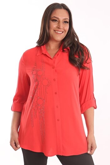 Metpoint Trend42Plus Large Size Coral Stone Printed Woven Shirt