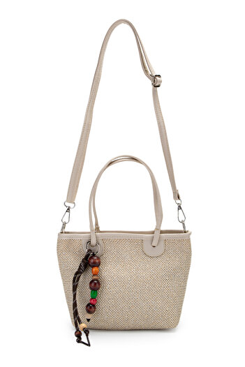 minebag Wooden Bead Detailed Straw Women's Crossbody Bag Missy Cream