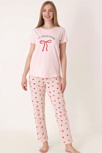 NBB Cotton, Women's Pajama Set, Short Sleeve, Ribbon Pattern, Crew Neck, Salmon
