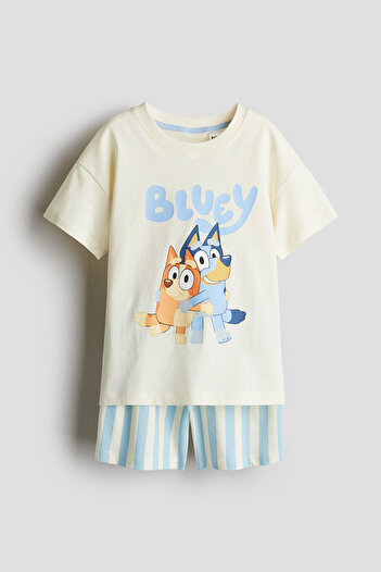 H&M Pamuklu ve Baskılı Jarse Pijama Takımı