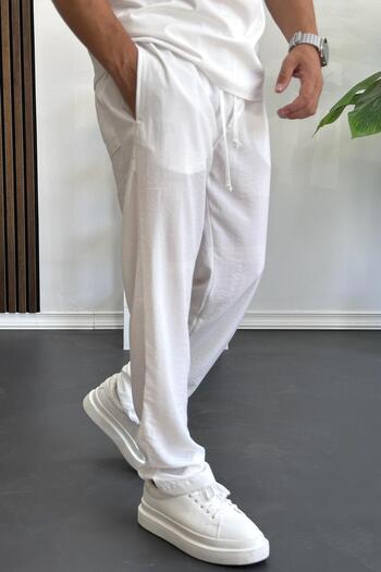 Edwox Men's Elastic Waist Modal Fabric Relaxed Cut Trousers White Edw396