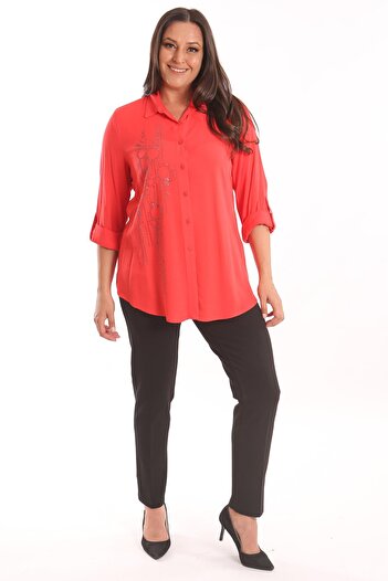 Metpoint Trend42Plus Large Size Coral Stone Printed Woven Shirt