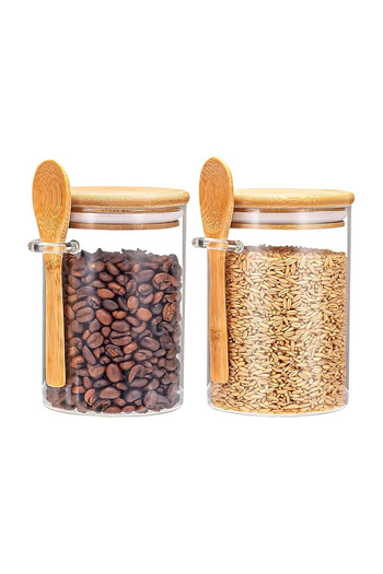 Blackstone 2‑Pack 400 ml Clear Glass Storage Canister Set with Wooden Spoon – Airtight Sealed Lid