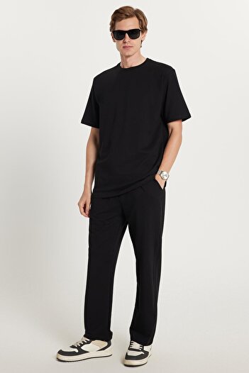 Tudors Men's Standard Fit Regular Fit Cotton Crew Neck Waist Lace-Up Black Tracksuit Set