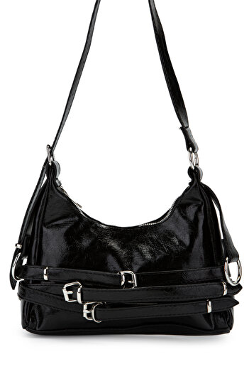 minebag Belt Detailed Patent Leather Faux Leather Baguette Women's Shoulder Bag Mary Black